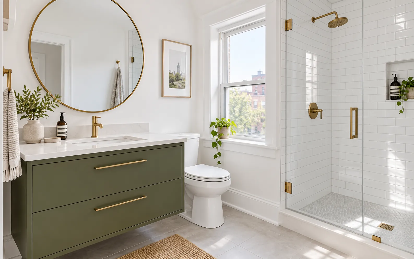 After: green floating vanity, round mirror and white tile