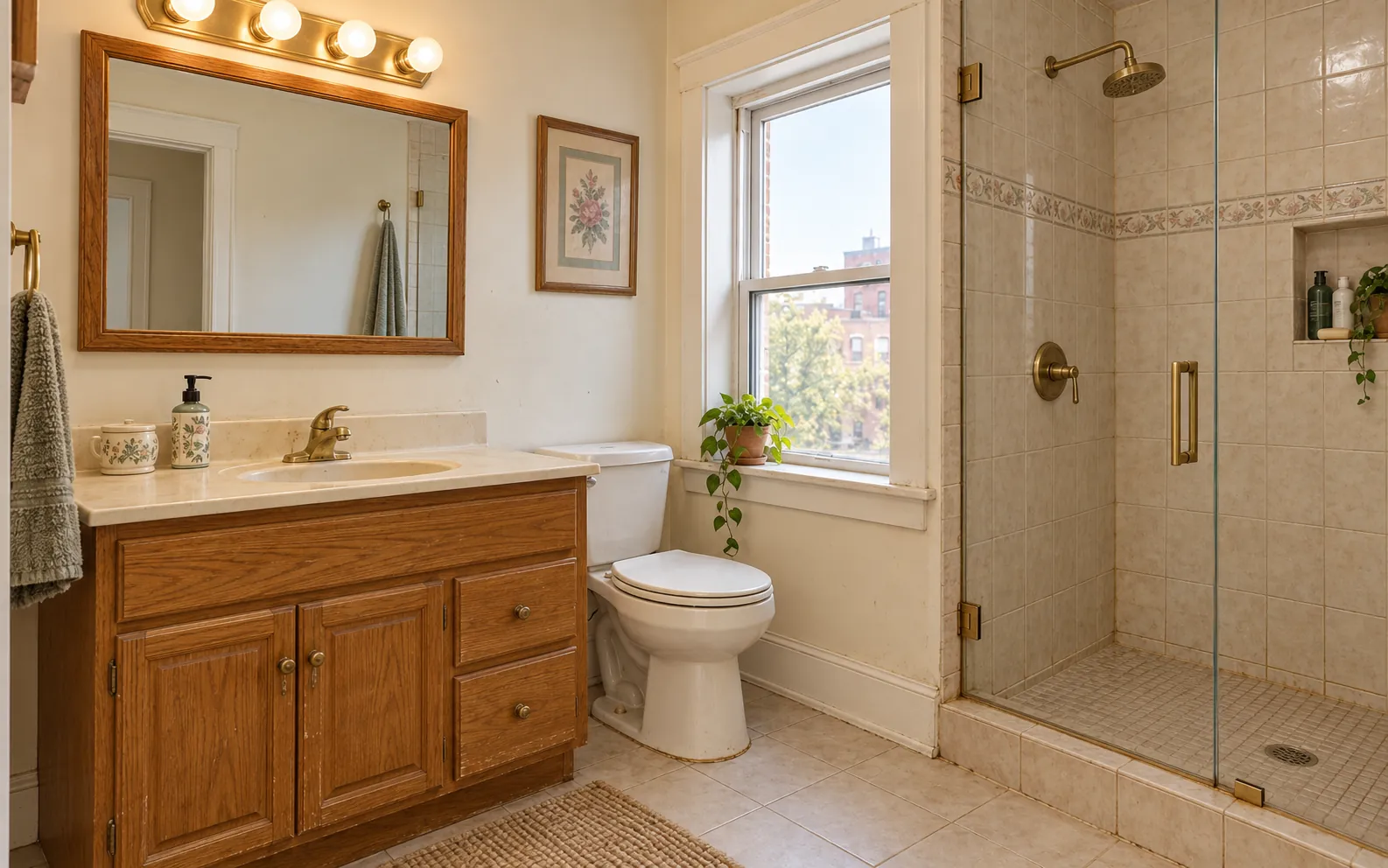 Before: dated oak vanity, light bar and beige tile