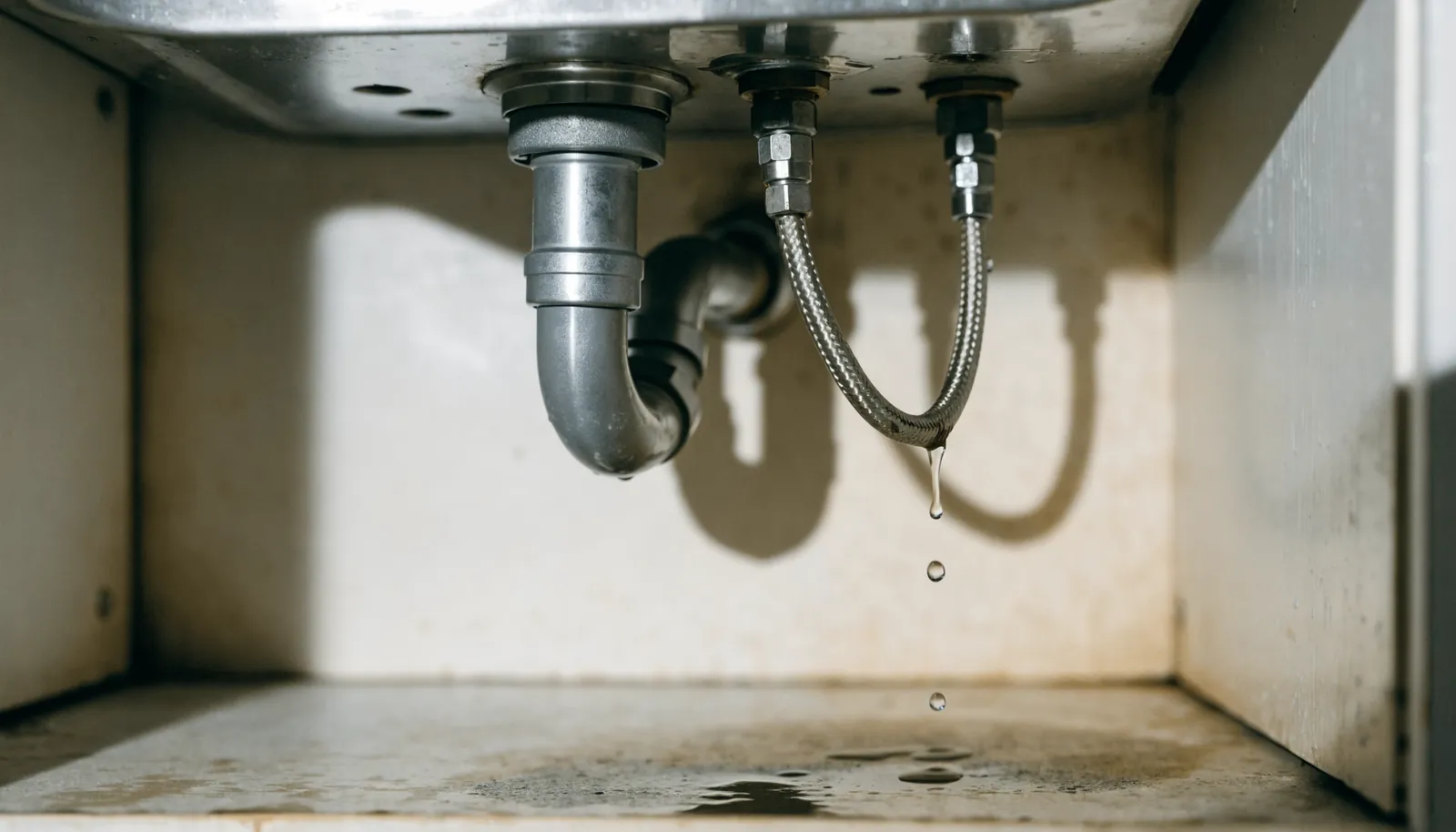 A slow drip from a supply line under a kitchen sink
