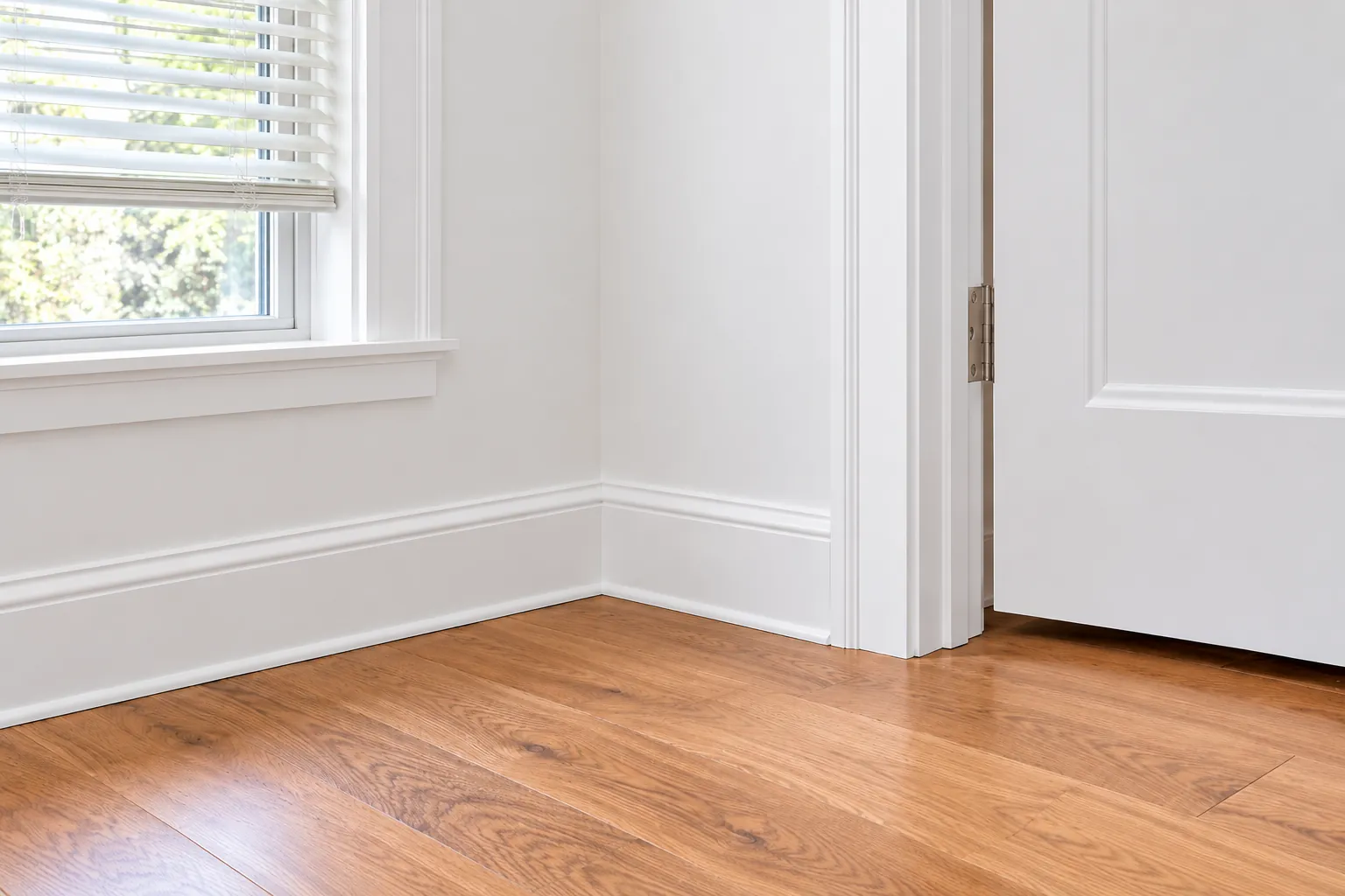 New tall baseboard and door casing, freshly painted, beside an open door