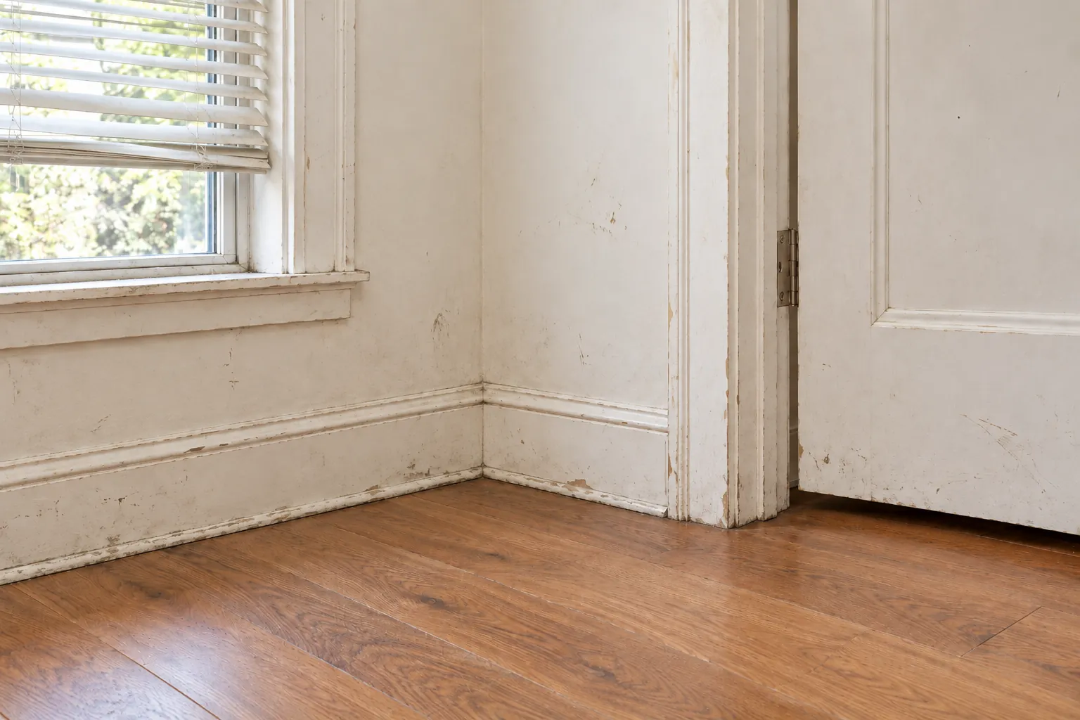 Before: gapped, chipped trim and baseboard